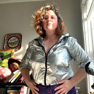 Silver Almost Famous Hooded Rain Jacket Windbreaker Sz 1X Metallic